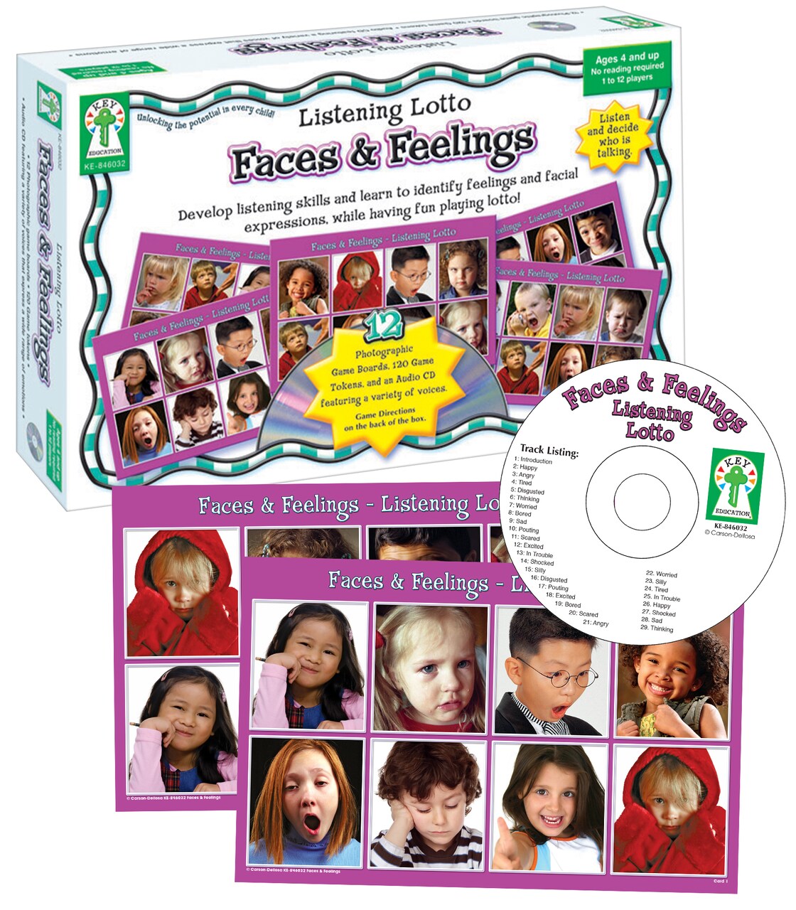 Key Education Faces and Feelings Listening Lotto Board Games, Photographic Facial Expression Cards and Audio CD, Matching Social Emotional Learning Activities for Kids Ages 4+